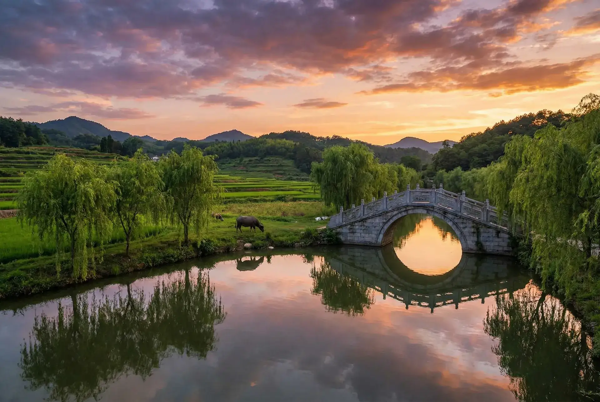 夕阳下的石拱桥与垂柳，水牛在河边吃草 - 18岁的禁用App大全 乡村美景